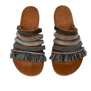 Nayia Greek Sandals 6 Gray Leather Fringe Rhinestone Strappy Toe Strap Boho